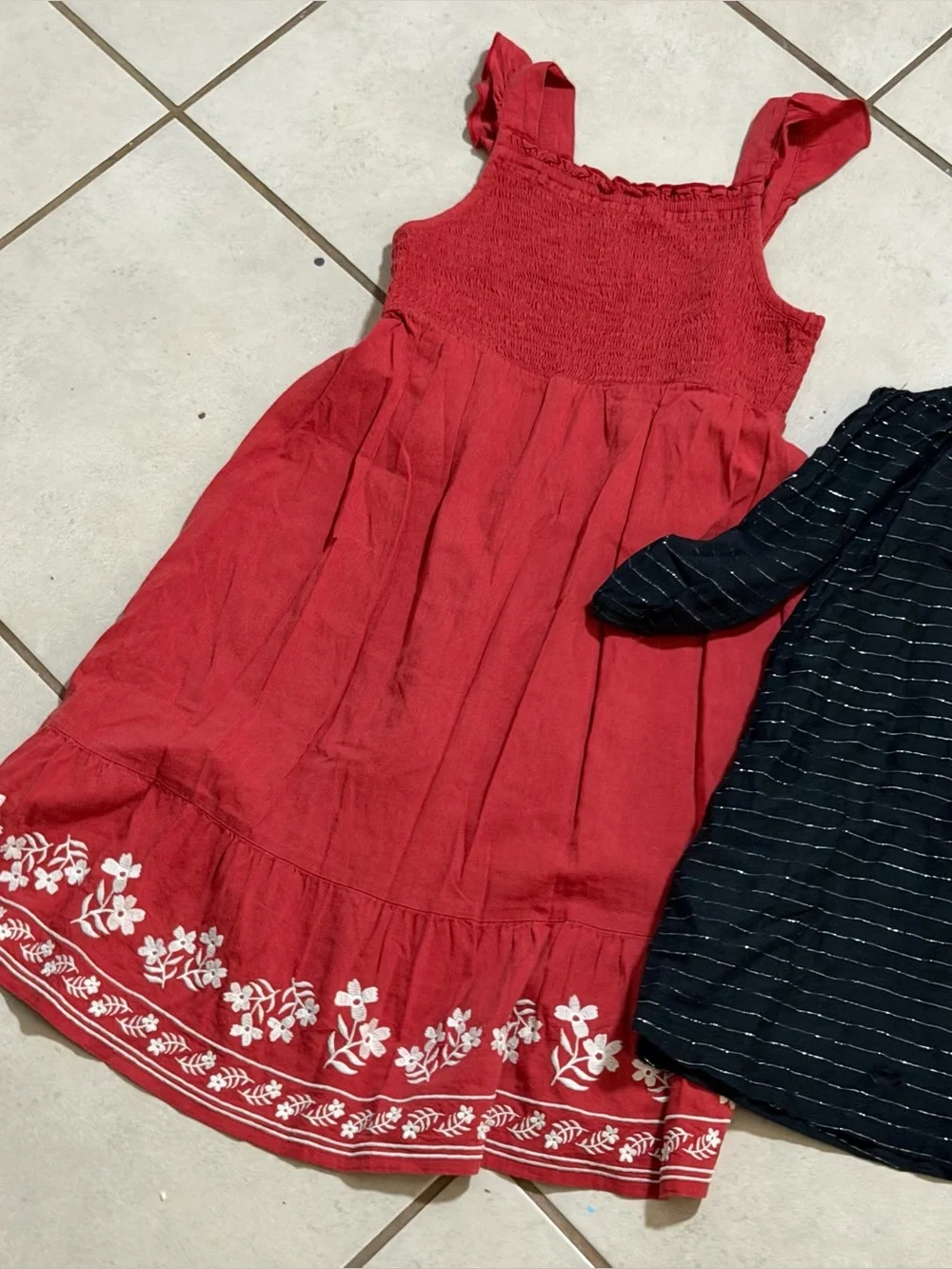 Old Navy Kids Girls Red Embroidered Sundress & Black Metallic Stripe Dress S(6/7
